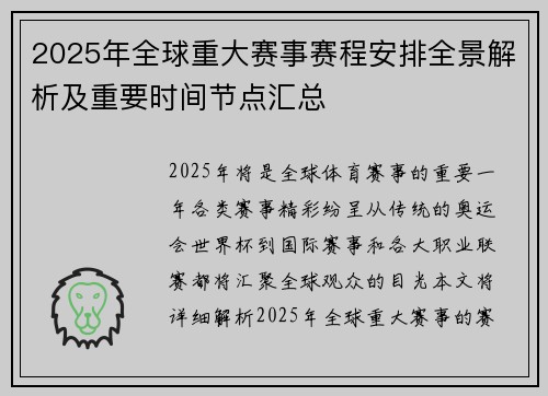 2025年全球重大赛事赛程安排全景解析及重要时间节点汇总