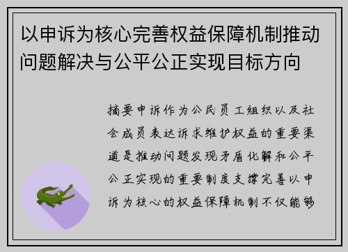 以申诉为核心完善权益保障机制推动问题解决与公平公正实现目标方向 以申诉为核心完善权益保障机制推动问题解决与公平公正实现目标方向